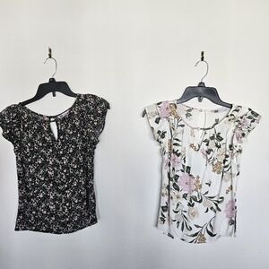 2 Juniors Floral Print Tops Set Black White Pink Size XS